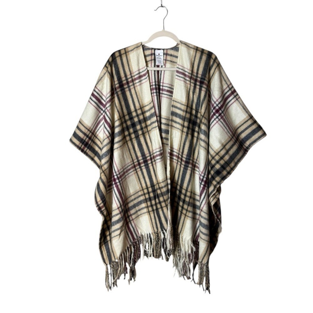 Woolrich Bohemian Plaid Poncho Wrap OS Western Ranch Preppy Winter Cozy Cream